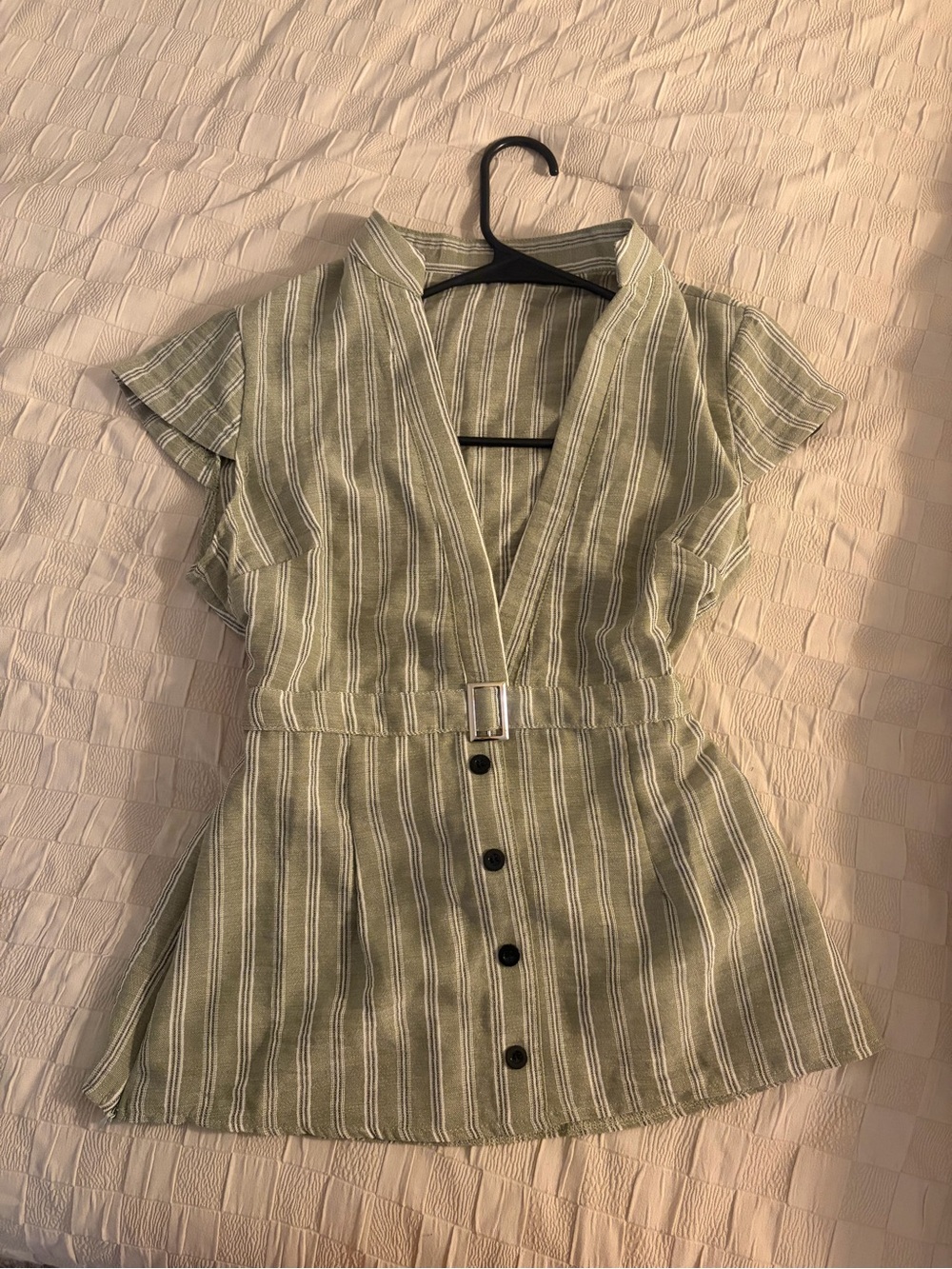 Striped V-Neck Belted shirt in Sage Green